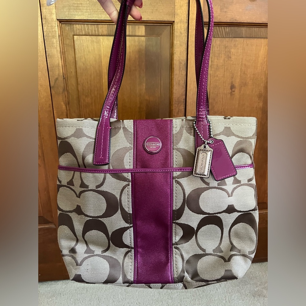Coach Signature Tote Bag - Purple and Tan
